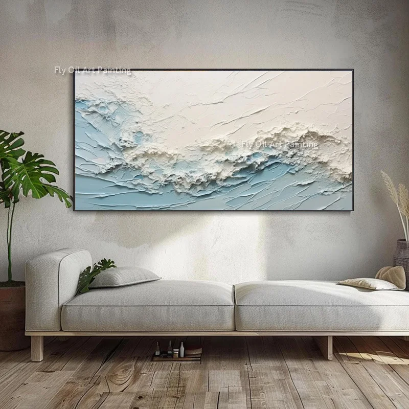 Handpainted Modern 3D Wave Canvas Painting Thick Palette Knife Horizontal Wall Art Living Room Ocean Abstract Home Decor