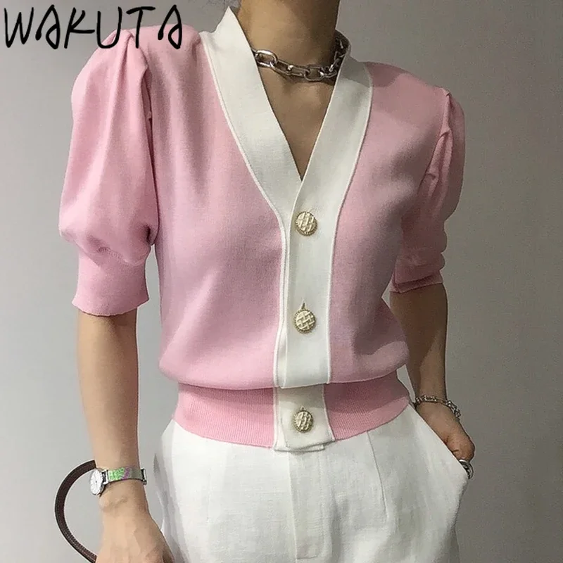 WAKUTA Summer Elegant Puff Short Sleeve Cardigan Women 2024 Korean Design Solid Single Breasted Chic Knitted Tops Ottfice Lady