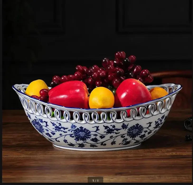 

Chinese Style Blue and White Ceramic Fruit Plate Ingot Shaped Dinner Plate Refreshment Tray Snack Tray Salad Bowl Fruit Dish
