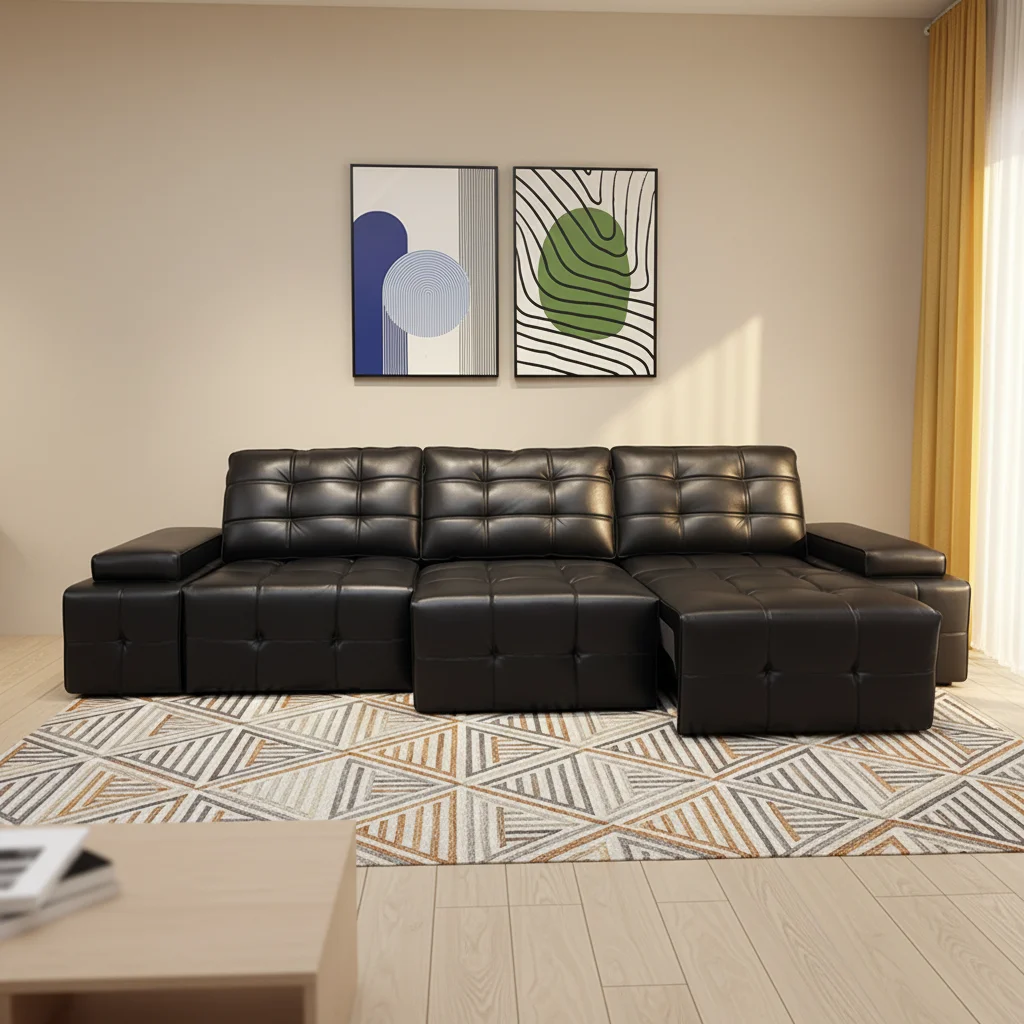 Modern Smart Home Electric Black Extendable Sofa Bed Leather Sofa Set High Back Large Sitting Deep Function Retractable Sofa