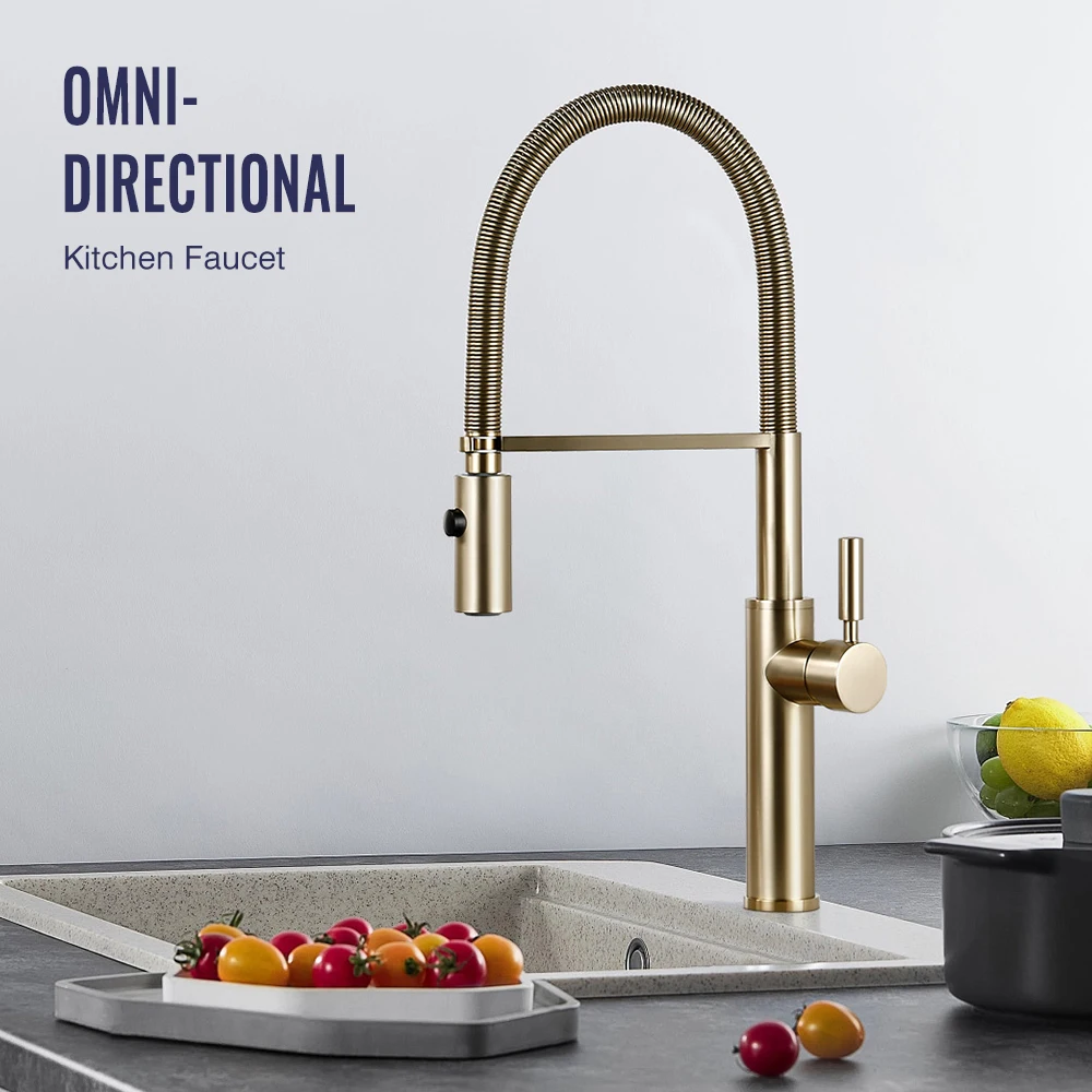 Brushed Gold Swivel Kitchen Sink Faucet Pull Out Sprayer Single Handle Mixer Hot And Cold Water Tap