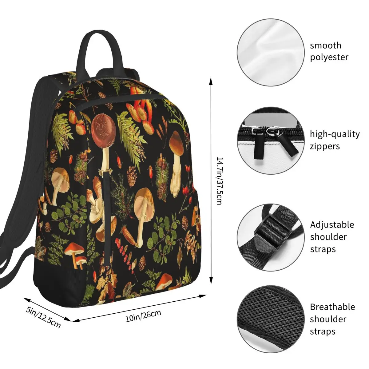 Midnight Forest Pattern On Black Botanical Night Garden Backpack Student BookBag Boys Girls School Bag Laptop Shoulder