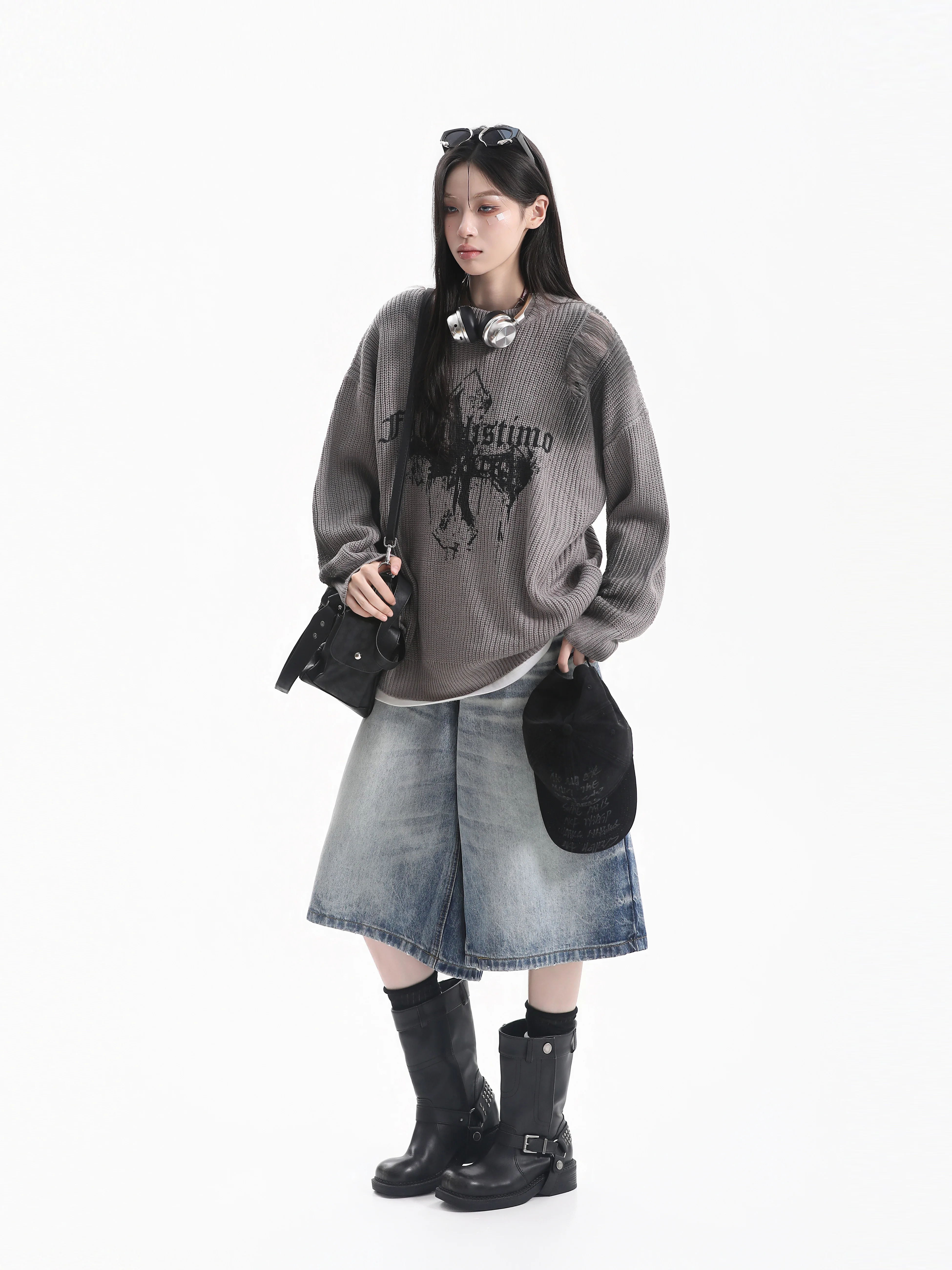 Retro American Gradient Design Knitted Sweater Women's Crossbody Worn-Out Style round Neck Long Sleeve Warm Casual Top