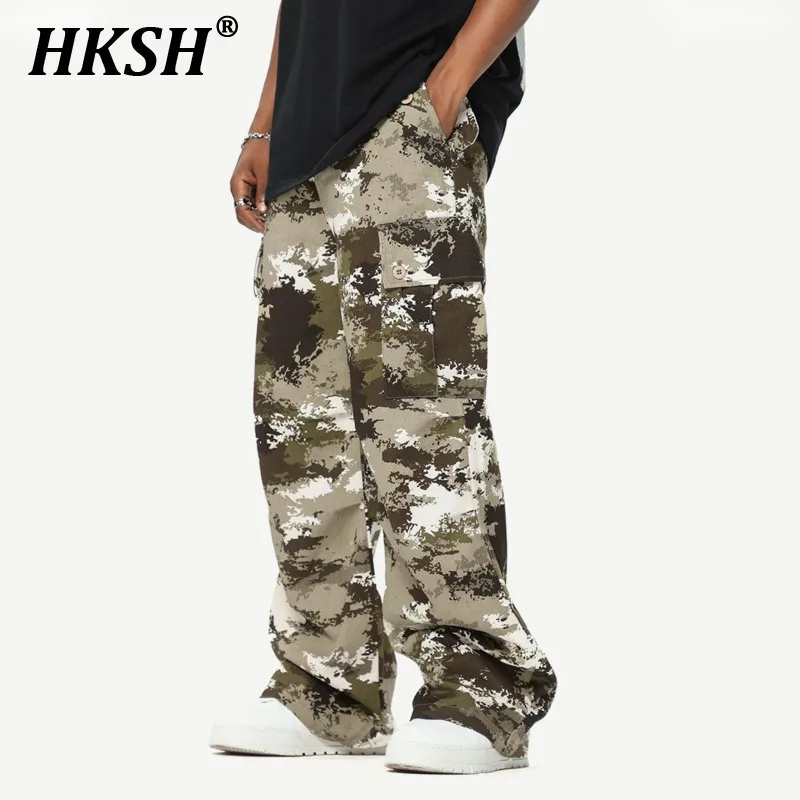 HKSH Men's Tide Punk Hip Hop American Retro Camouflage Cargo Pants Loose Straight High Street Vibe Safari Style Ovaralls HK3550