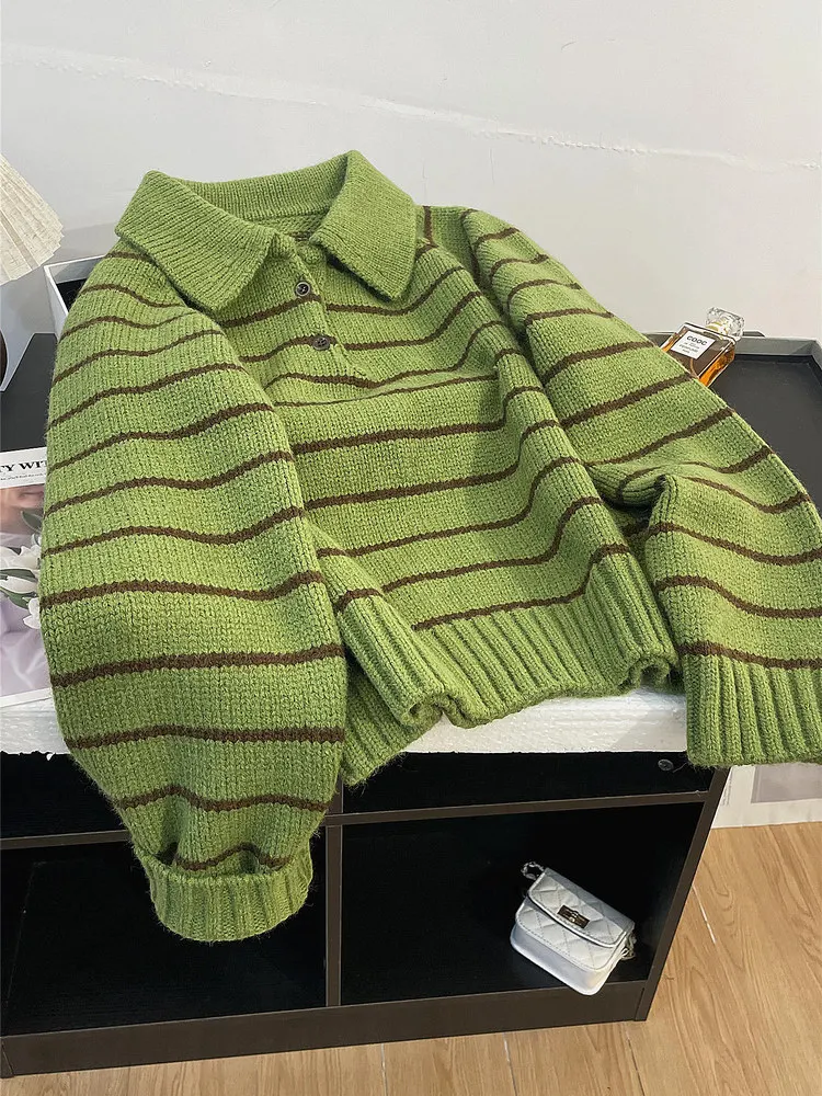 

Polo Lapel Green Striped Pullover Sweater for Women's Autumn Winter Loose Outerwear Thick Base Knit Sweater
