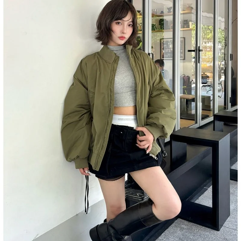

Lady Korean Green Cotton Coat Women Zip Up Rib Trim Drawstring Hem Warm Short Winter Street Minimalist All-match Padded Jacket