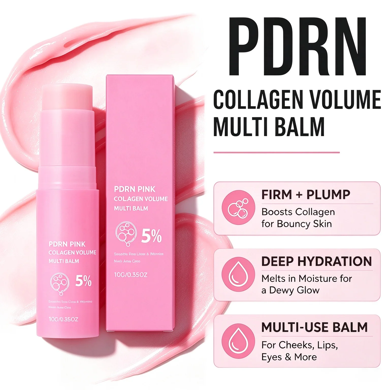 PDRN Pink Collagen Multi Balm Stick Korean Hydrating Stick for Face Neck Eyes Lips Smooth Fine Lines Plumping Firming Skin