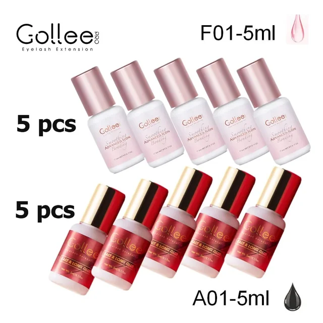 Gollee 5PCS 1s Szybkoschnący klej do przedłużania rzęs z 5 sztukami różowego przezroczystego kleju do przedłużania rzęs