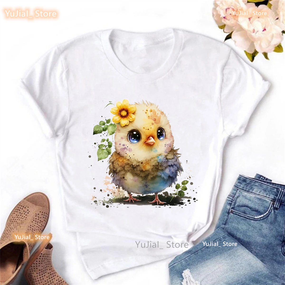 Kawaii Little Yellow Chicken Print T Shirt Girls Summer Short Sleeve Tshirt Women Harajuku Shirt White Casual T-Shirt Female