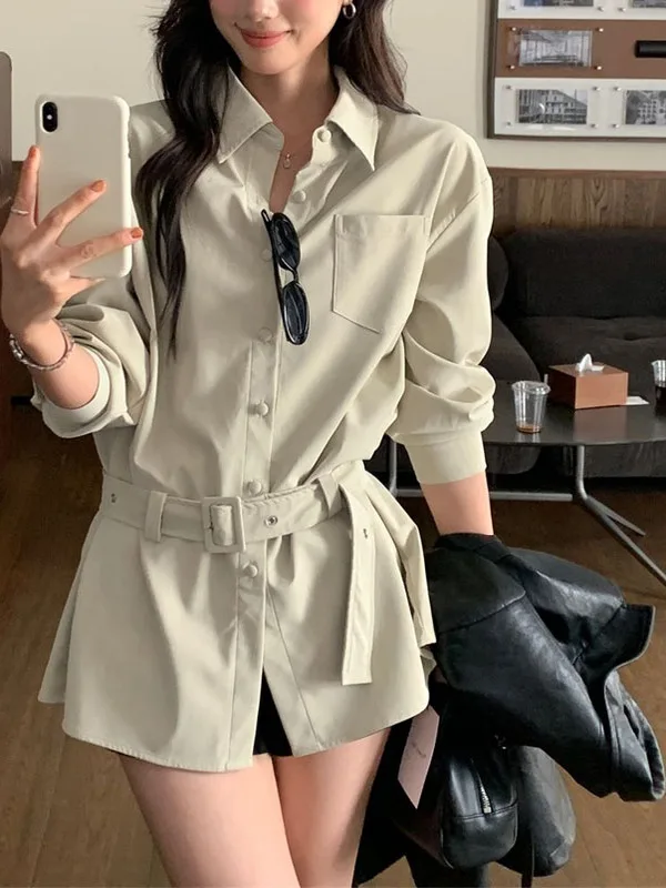 

2025 Autumn Korean Style Versatile Casual Shirt Waist Cinched Single Button Women's Outerwear Fashionable Elegant Top