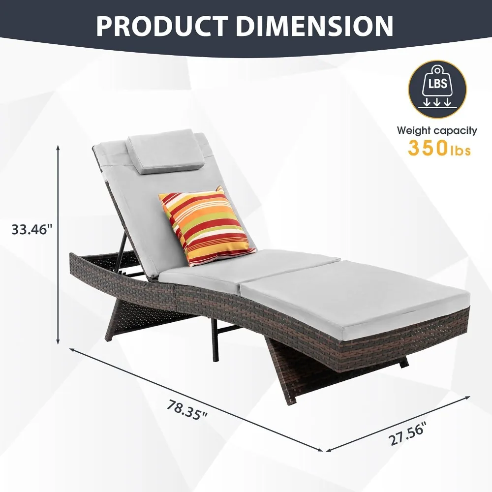 Wicker Chaise Lounge Set of 2, Rattan Patio Lounge Chairs for Outside, Adjustable Chaise Loungers with Cushions, Customized
