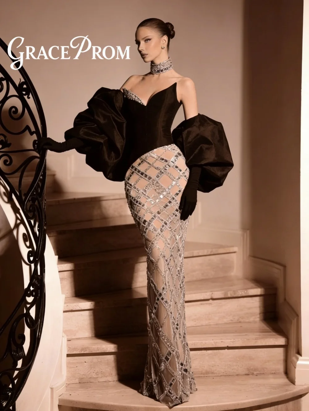 

Luxury Sheer Gown 2026 Glamorous Strapless Beaded Mermaid Silhouette Gala Dress Strapless Sequin Floor Length Dress فساتين سهرة