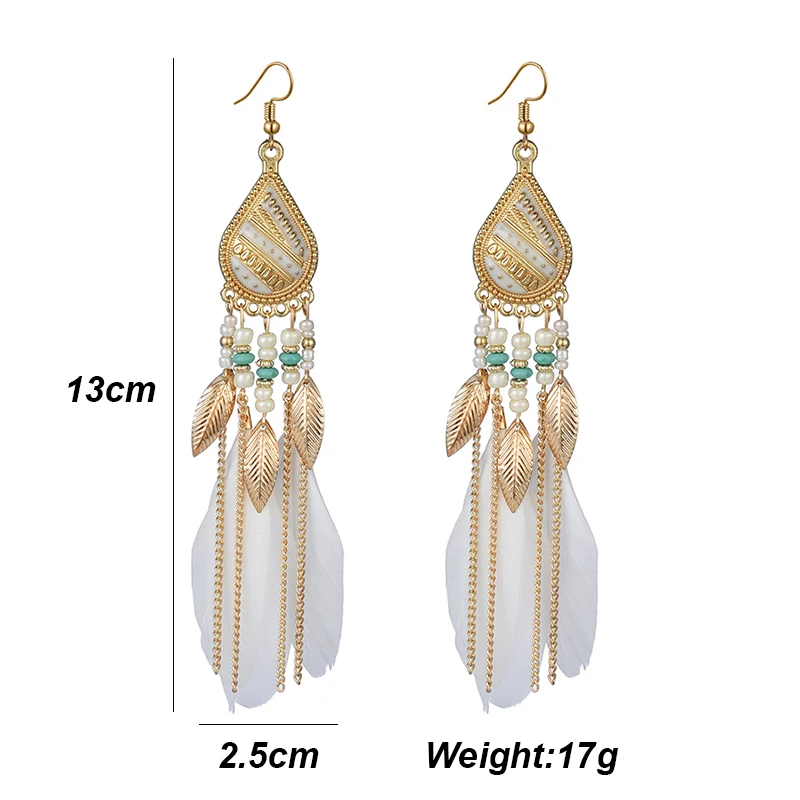 Bohemian Ethnische Lange Feder Ohrringe Boho Wasser Tropfen Gold Farbe Kette Quaste Ohrringe für Frauen Braut Hochzeit Schmuck – Detail 1