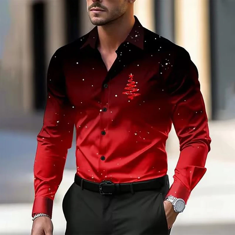 Spring and Autumn European and American Men's Gradient Color Collar Long Sleeve Open Button Shirt Fashion Trend Comfortable Men'