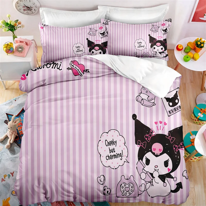 Sanrio Kuromi Bedding Set Cute Bed Quilt Cover 2 Pillow Case Three-Piece Household Single Three Piece Set Children's Gift