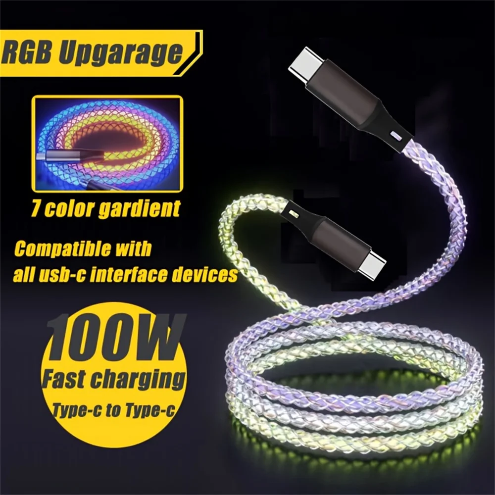 100W TYPE-C TO C Fast Charging Cable,Data Transfer,Multicolor LED RGB Light Gradient Car Interior Atmosphere Light Glow Charger