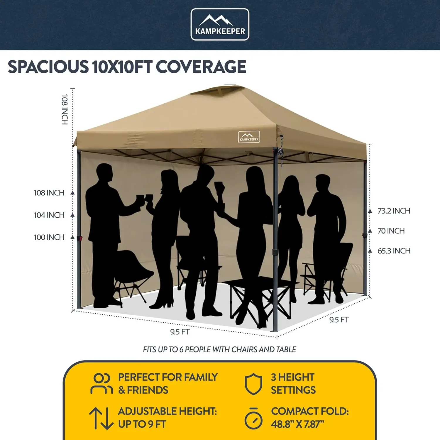 10x10 Pop-Up Canopy Tent for Camping, Backyard, and Events - Waterproof, Portable, with Side Walls, Adjustable, Khaki