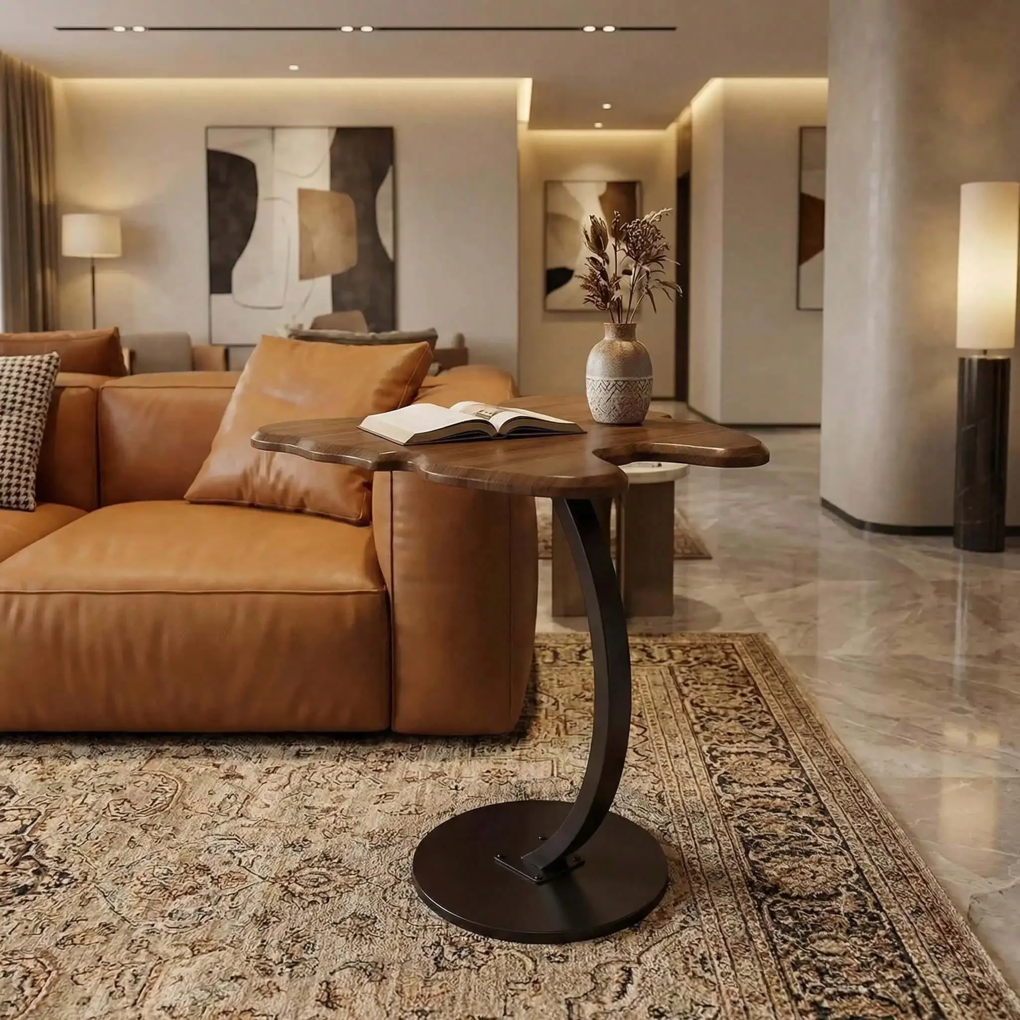 Butterfly Shape Side Table Retro Walnut Surface Creative Small Coffee Table Stable Metal Base Living Room Bedroom Decorative Table Bedroom Living Room Modern Furniture Shelf