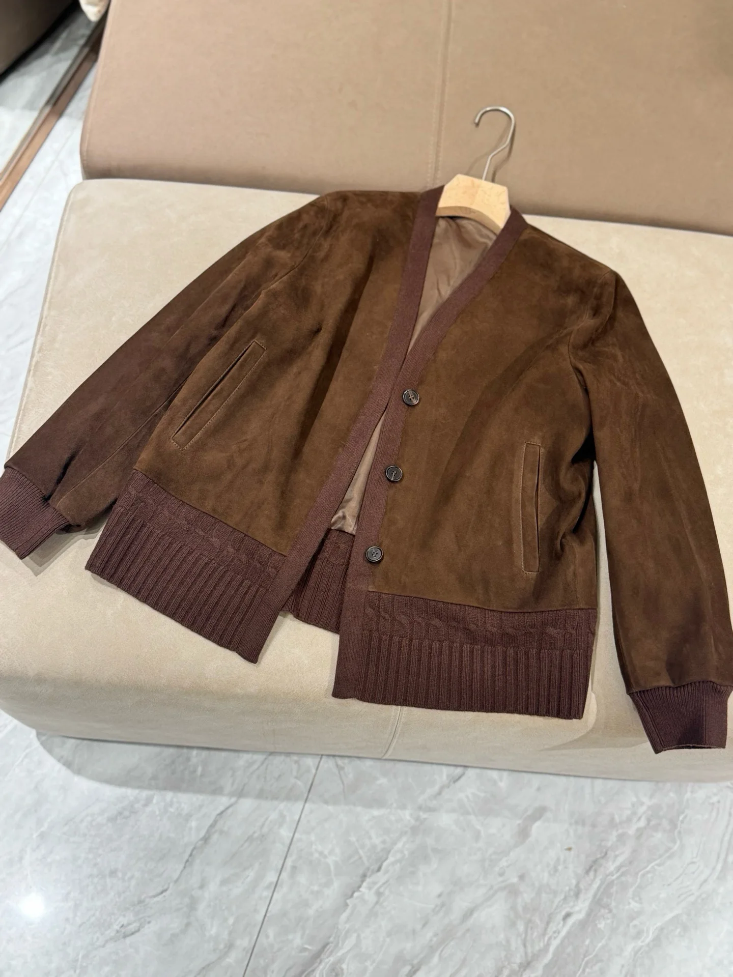 

Women's New high quality V-neck Stitching Suede Leather Jacket Coat Fashion All-match Top