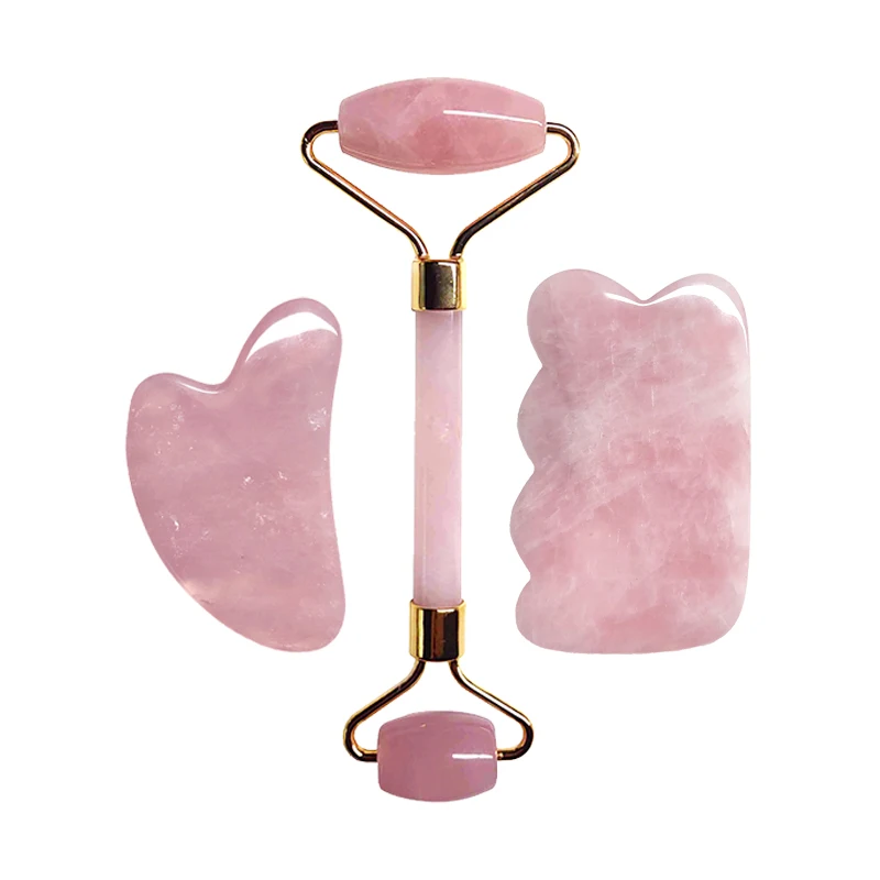 3PCS/Set Natural Rose Quartz Gua Sha Roller Slimming Face Massager Lifting Tool Facial Massage Jade Roller Gua Sha Kit Stone