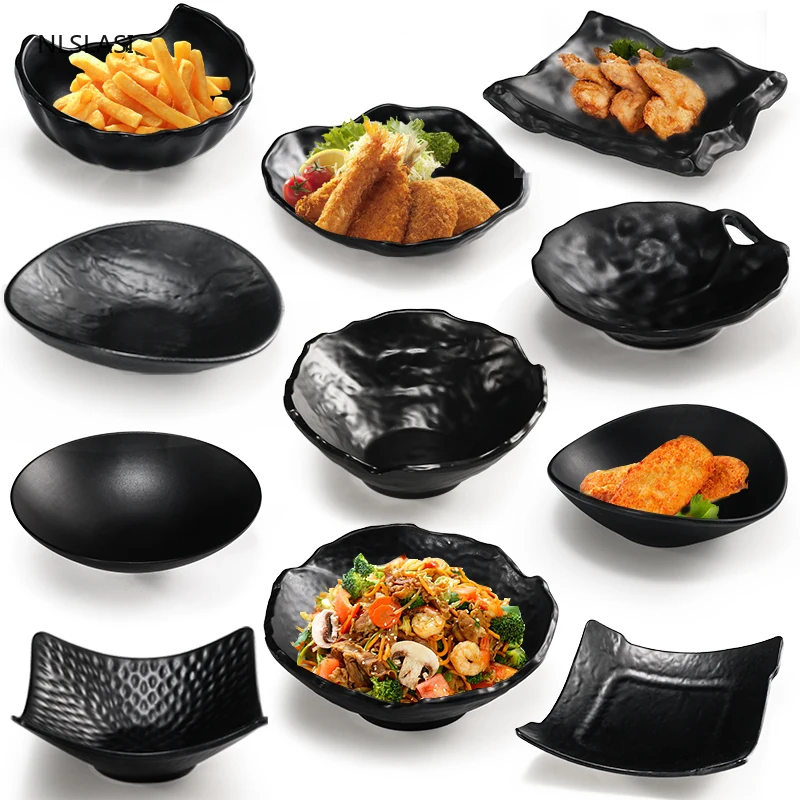 Vajilla de cocina de plástico negro de estilo japonés, platos de salsa, plato de carne, barbacoa, pastel, postre, ensalada, fruta, vajilla