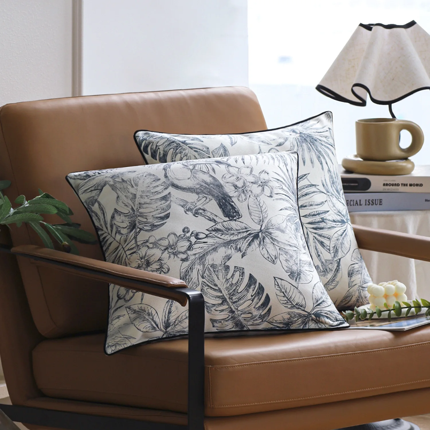 Black & White Hand-Drawn Flower & Bird Pillow Cover 45x45 Floral Back Cushion Cover Pillowcase Sofa