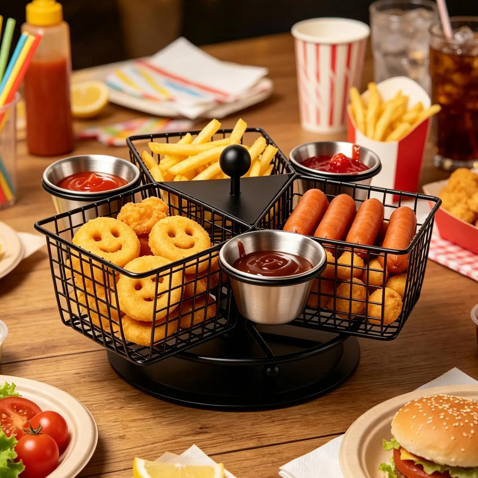Stainless Steel Rotating French Fry Basket with Dipping Cup Sturdy Portable Food Display Rack Food Strainer