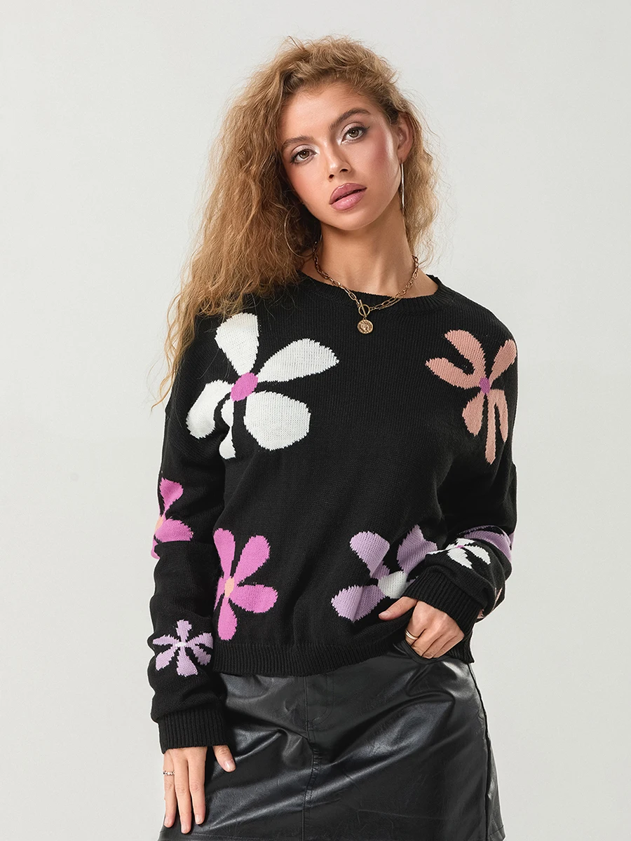 Women's Floral Print Sweaters Long Sleeve Crew Neckline Drop Shoulder Loose Knit Pullover Tops