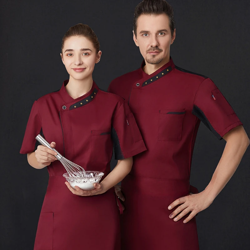 Kurtka szefa kuchni z krótkim rękawem, unisex, koszula kucharska, uniform kelnerski do piekarni dla kobiet i mężczyzn, do restauracji.