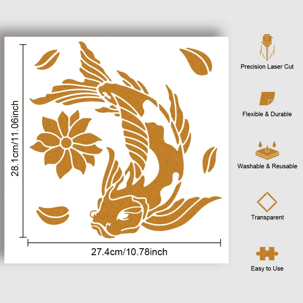 1pcs Lotus and Koi Painting Stencil Reusable PET  Templates DIY Art Craft Wall Cut Stencils for Painting