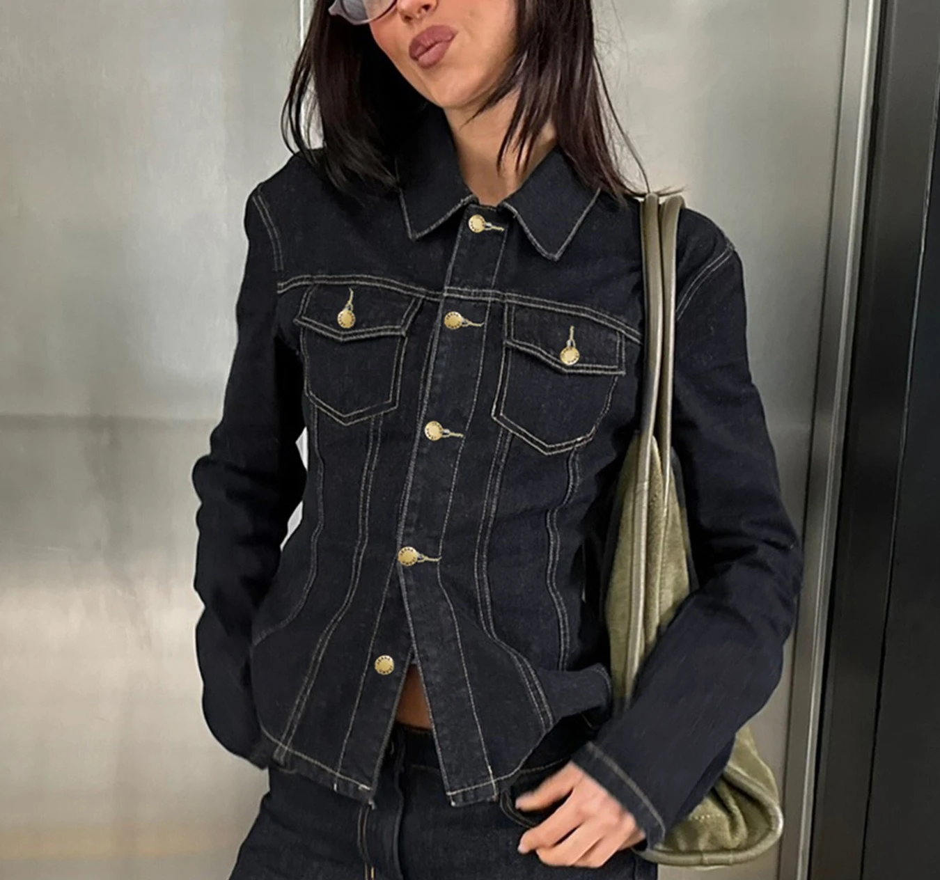 

Autumn New 2025 Retro Washed Denim Shirt Women Split Splicing Design Long Sleeve Casual Women's Top Blouse