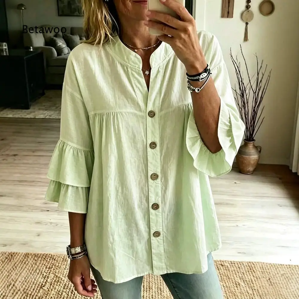 Women Solid Color Soft Cotton Tunic Blouse Loose Fit Button Down Mid Length Shirt For Summer Vacation Shopping Dating Office An
