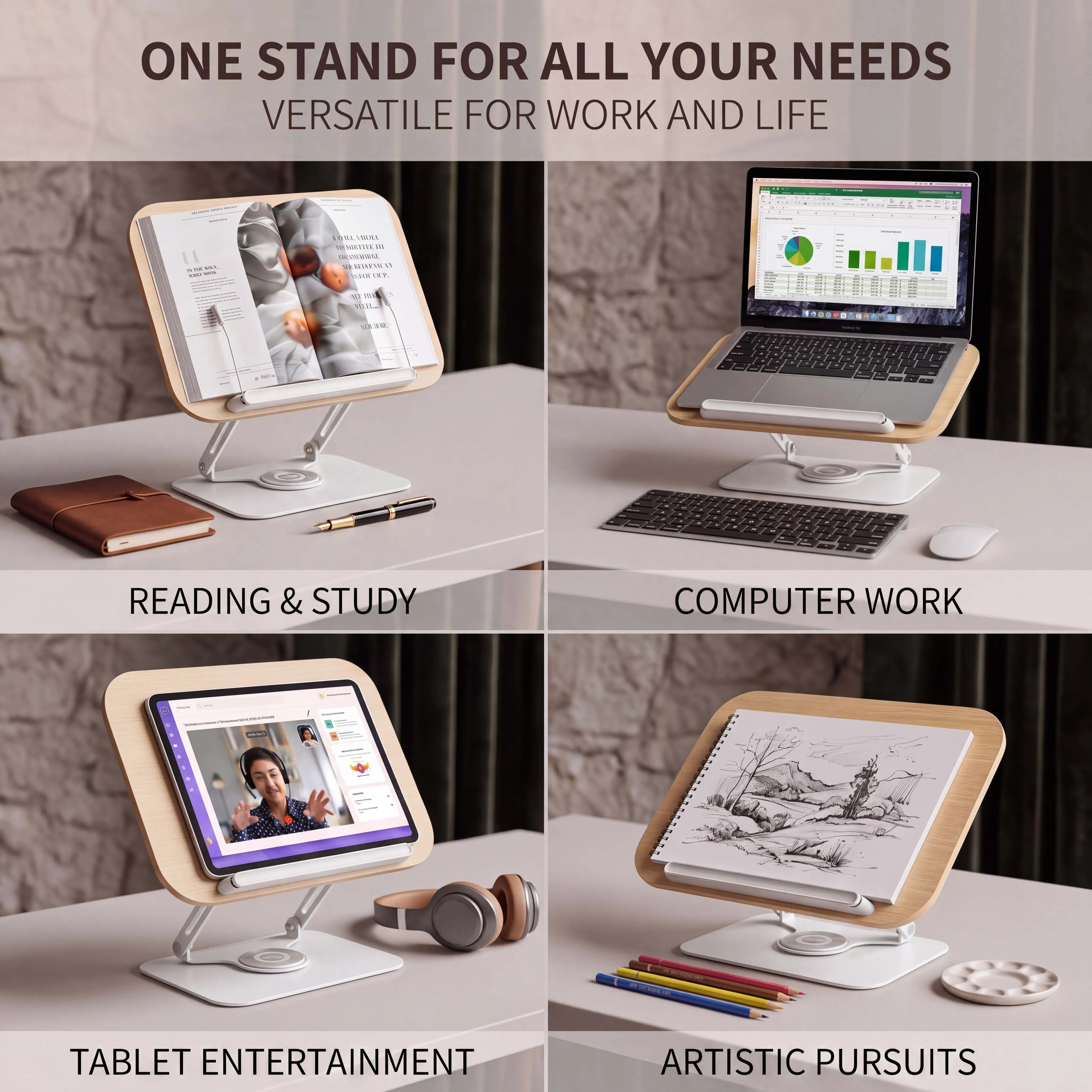 Adjustable Book Stand for Reading, 360° Swivel Tablet & Laptop Holder, Foldable Document Stand with Page Clips for Desk, Office & Classroom
