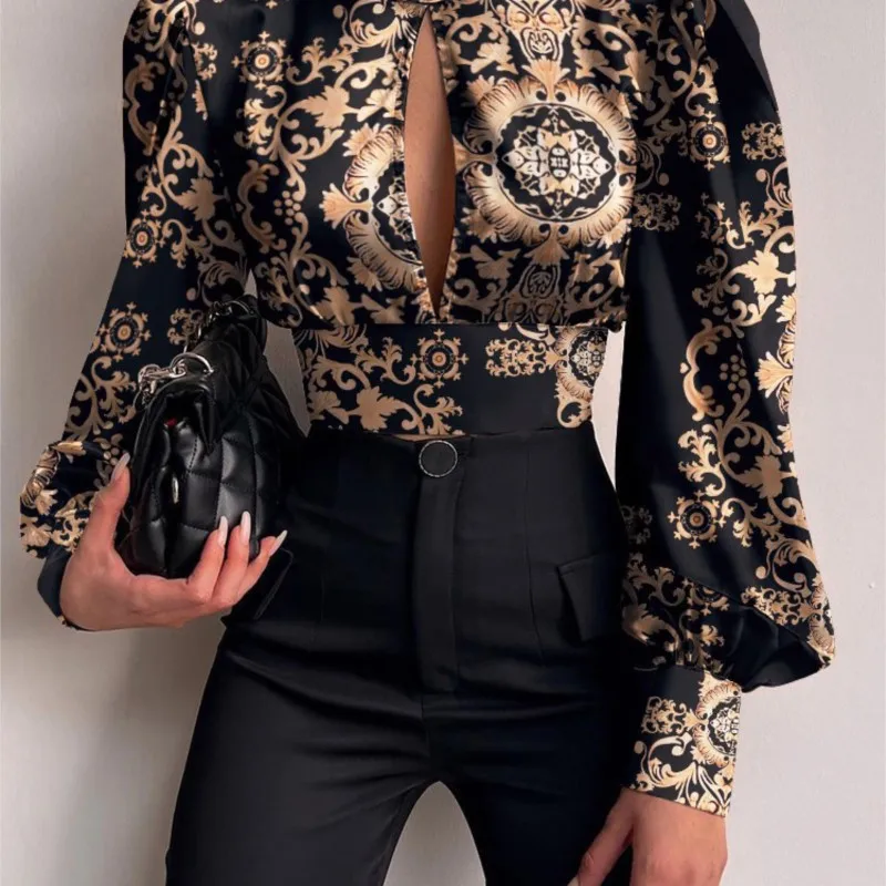 เสื้อครอปแฟชั่นสำหรับผู้หญิง สไตล์เซ็กซี่ โชว์หลัง ลายพิมพ์ แขนยาว ทรงลำลอง เหมาะสำหรับใส่ทำงานหรือไปงานปาร์ตี้