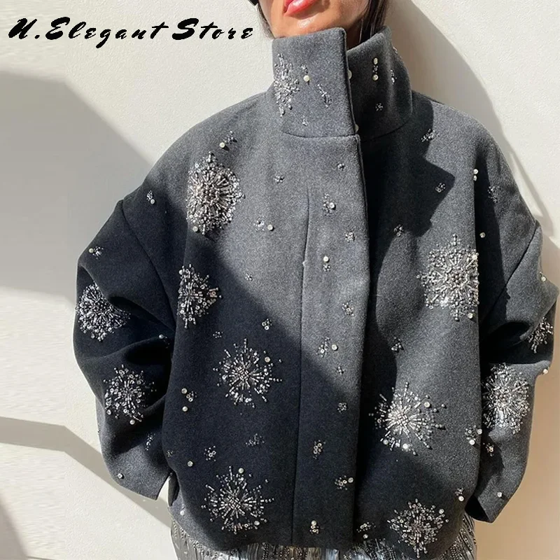 

Luxury Embroidery Beading Loose Women Coat Lapel Collar Bat Sleeve Solid Wool Blend Jacket 2025 New Lady Luxury Spring Outerwear