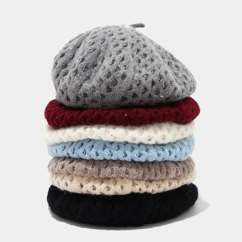 Koreanische minimalistische, durchbrochene Strickmütze mit Pailletten, Kürbismütze für Damen, für Herbst und Winter, weiche, lässige Malermütze im literarischen Stil. – Detail 1
