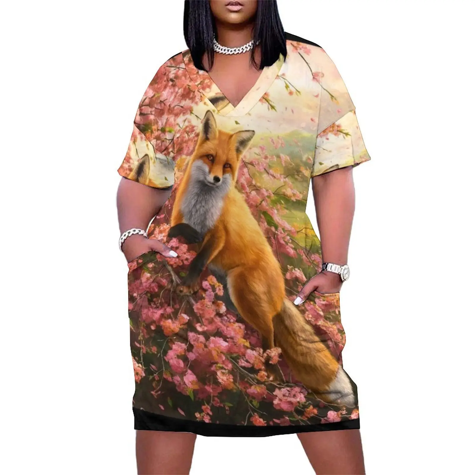 Fox Portrait. Fox with cherry blossom, floral fox, fox painting, Raphael style Loose Pocket Dress clothing women summer 2024