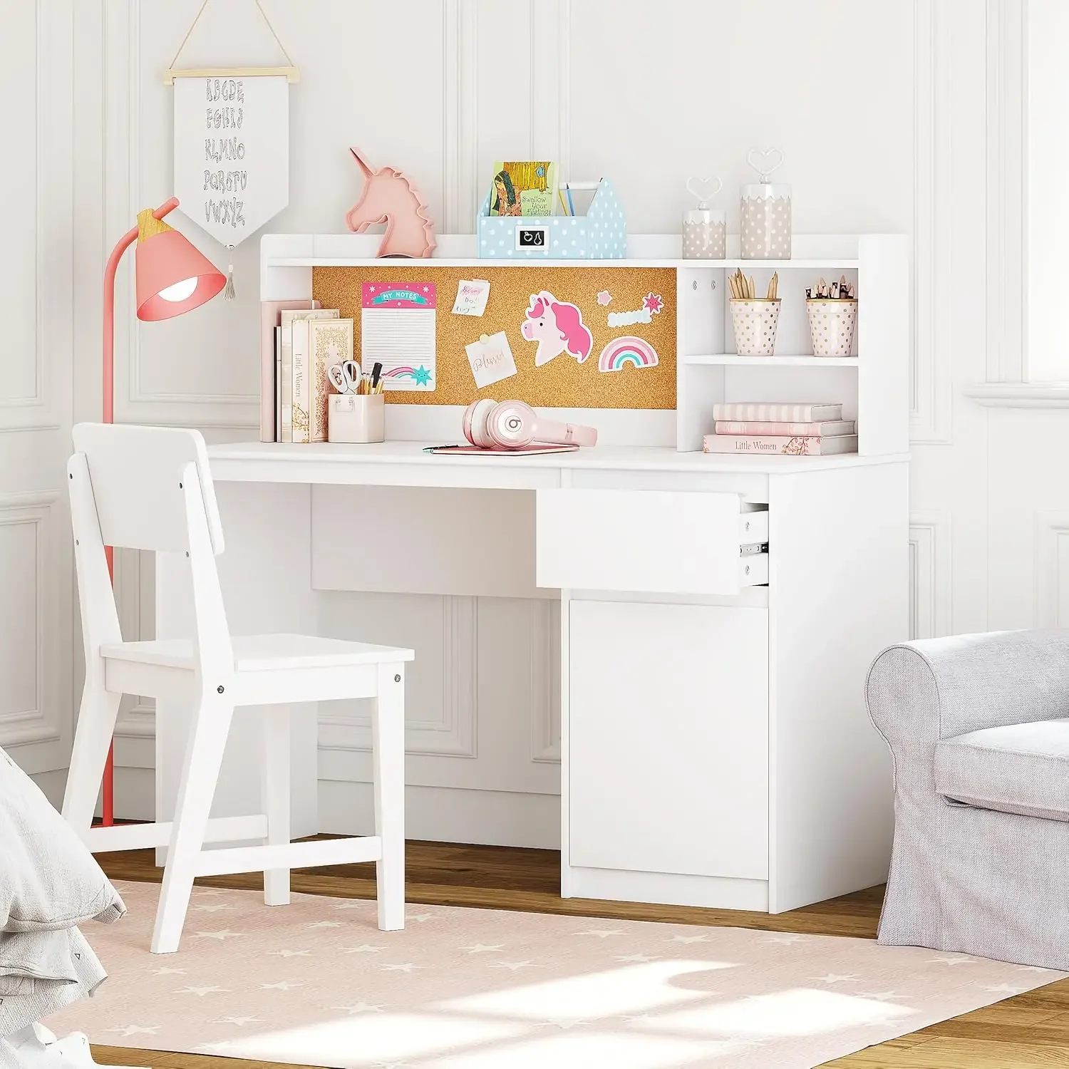 Desk with Chair, Kids Desk and Chair Sets with Hutch and Storage Cabinet, Wooden Children Study Table, Student Writing Desk Comp