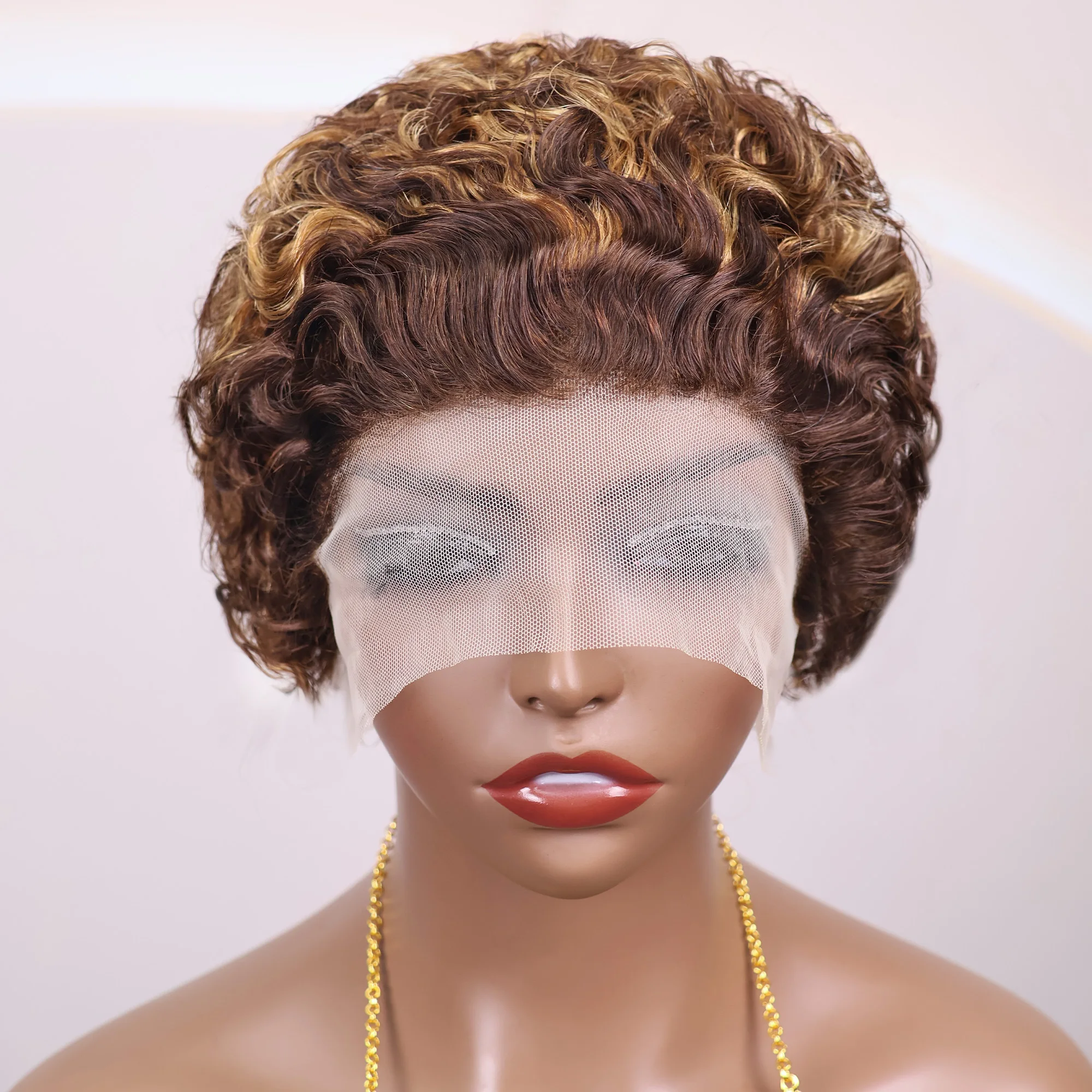 

Brazilian fluffy short wig 13x1, front edged wig, ginger yellow, Remy fluffy curly short wig, elf-style,