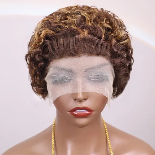 Peluca corta esponjosa brasileña 13x1, peluca con borde frontal, amarillo jengibre, peluca corta rizada esponjosa Remy, estilo elfo,