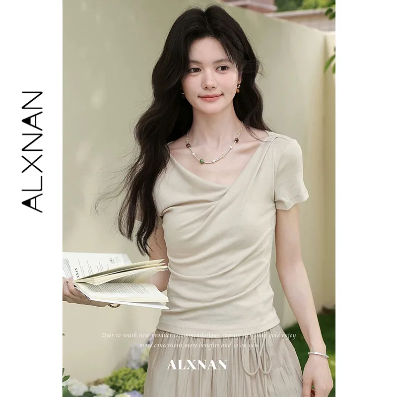 

ALXNAN Oatmeal T-shirt Women 2026 Summer Cowl Neck Elegant Short Sleeve Tees New Fashion Casual Elegant Office Lady Tops L65355