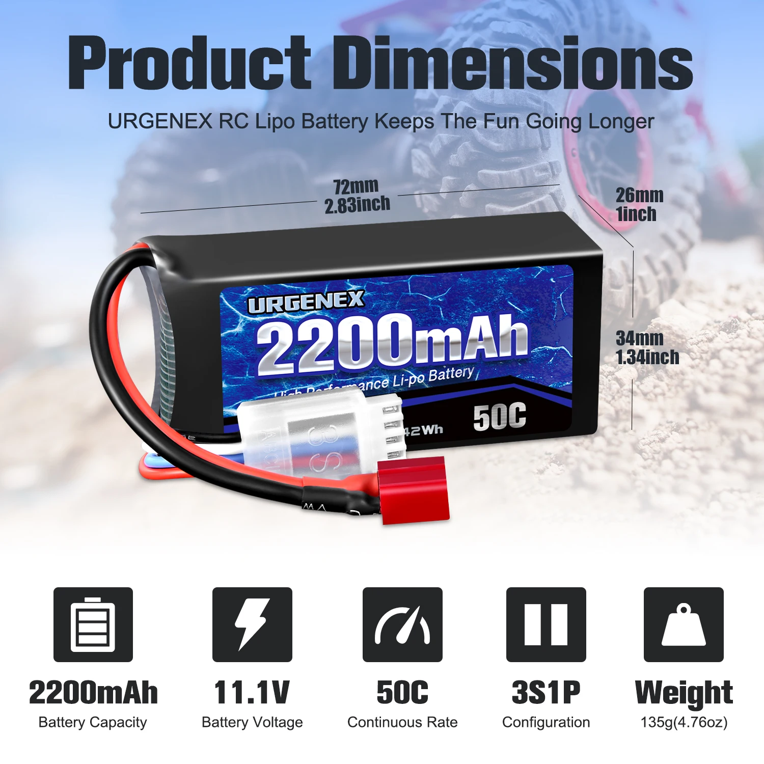 URGENEX 3S Lipo Battery 2200mAh 11.1V 50C High Discharge Rate RC Batteries with Deans T Plug Fit for RC Car Truggy, RC Airplane,