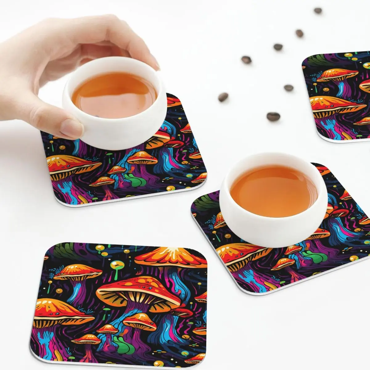 Acid Trippy Weird Psychedelic Wavy Mushroom Coasters Placemats Non-slip Coffee Mats for Decor Home Kitchen Dining Pads