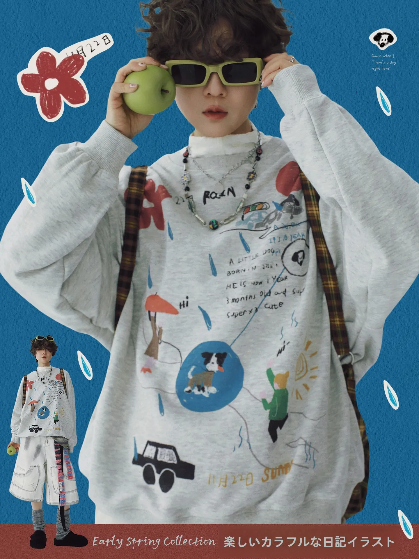 

Original STILLYOU Creative Diary Graffiti Print round Neck Loose Casual Hoodie Women's Fashion Cotton Polyester Blend