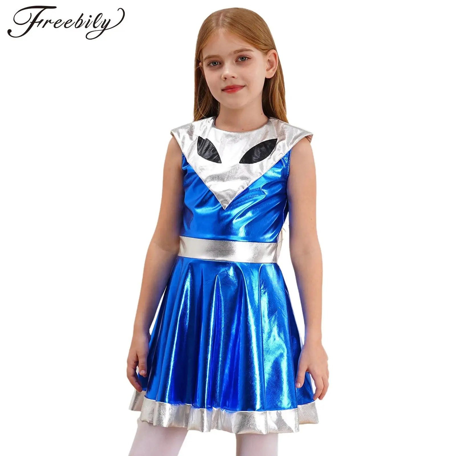 Girls Alien Costume Halloween Festival Carnival Cosplay Fancy Dress Up Shiny Metallic Astronaut Uniforms Space Clothing