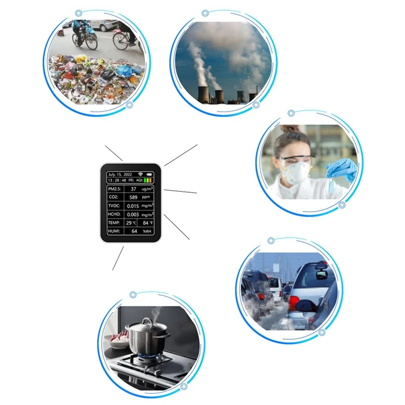 Tuya Wi-Fi 7 в 1, интеллектуальный детектор качества воздуха PM2,5 CO2 TVOC HCHO, детектор температуры и влажности AQI