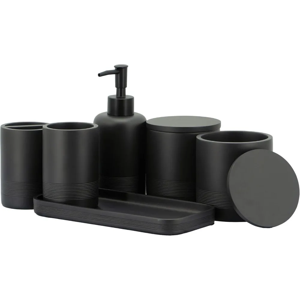 

Black Matte Bathroom Set - 6-Piece Organizer with Toothbrush Holder, Dispenser, Tray & More for Elegant Décor