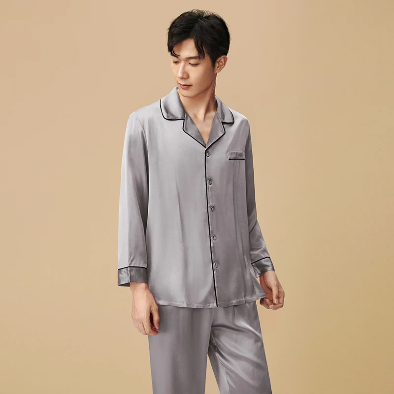 2-piece Sets Silk Pajamas for Men Long Sleeve Sleepwear 100% Mulberry Silk Pyjama Homme Pijamas Hombre Lounge Set