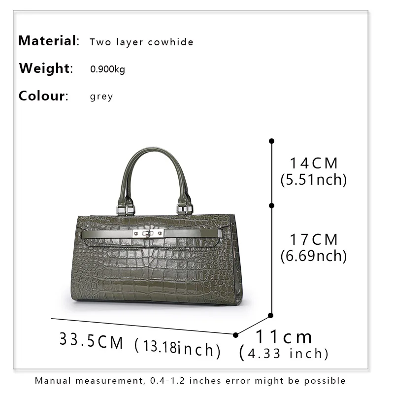 Aidrani  Trendy crocodile patterned women\'s large capacity handbag, made of cowhide material, with a gray square bag