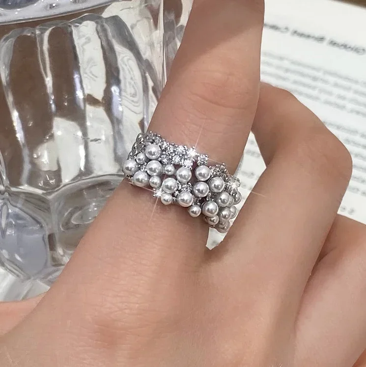 حقيقي 925 فضة تألق الزركون سطح واسع اللؤلؤ قابل للتعديل خواتم للنساء ضوء فاخر غرامة مجوهرات رائعة هدية #4